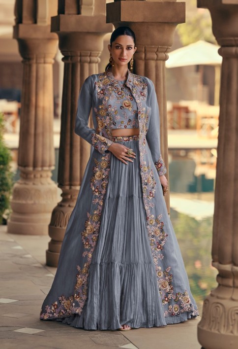 SKY BLUE COLOUR LEHENGA WITH FANCY KOTI FRONT AND BACK EMBROIDERED
